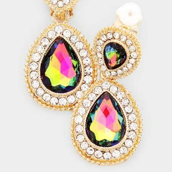 Oil Spill Glass Crystal Pave Trim Teardrop Clip on Earrings  NWT - Picture 2 of 5